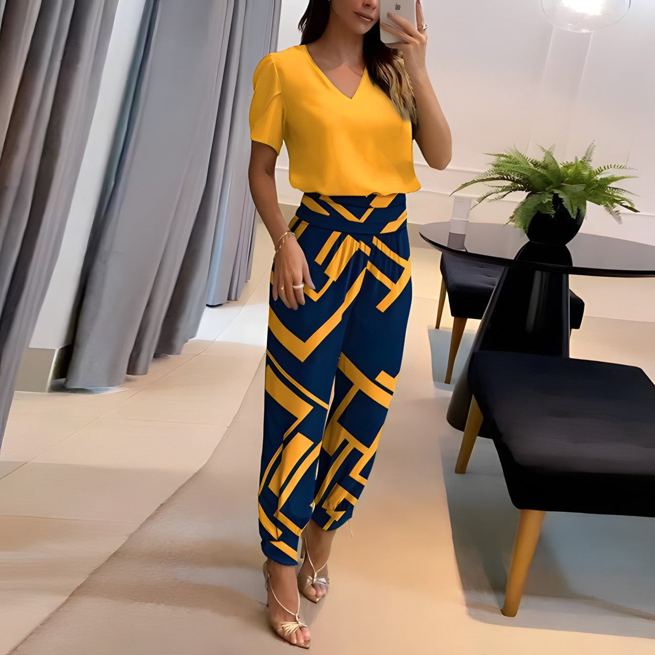Bellavie – Damen Zweiteiler Set mit Bluse & Hose aus Leichtem Stoff für Alltag & Anlass-Gelb / Blau-S-HauteBerlin
