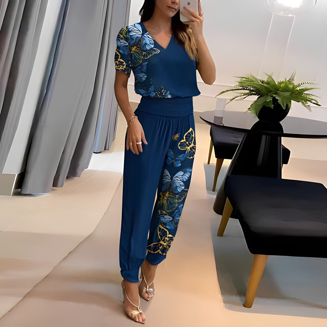 Bellavie – Damen Zweiteiler Set mit Bluse & Hose aus Leichtem Stoff für Alltag & Anlass-Blau-S-HauteBerlin