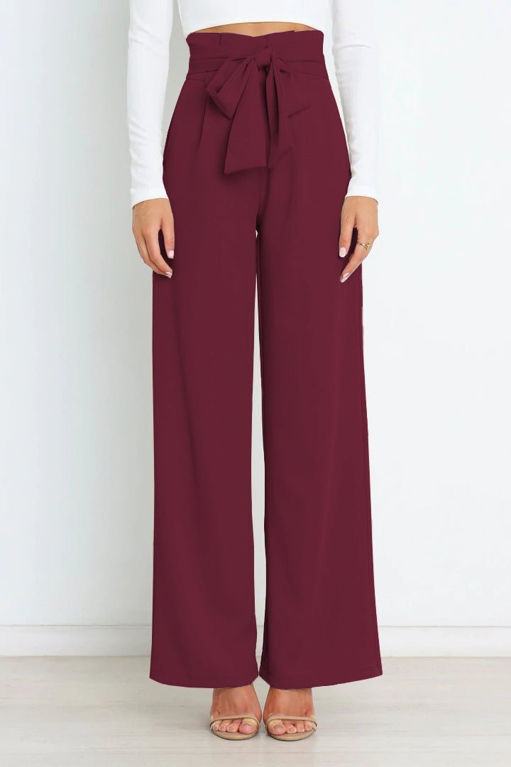 Elanthe – Damen Weite Hose mit Hohem Bund & Bindegürtel im Eleganten Schnitt-Weinrot-S-HauteBerlin