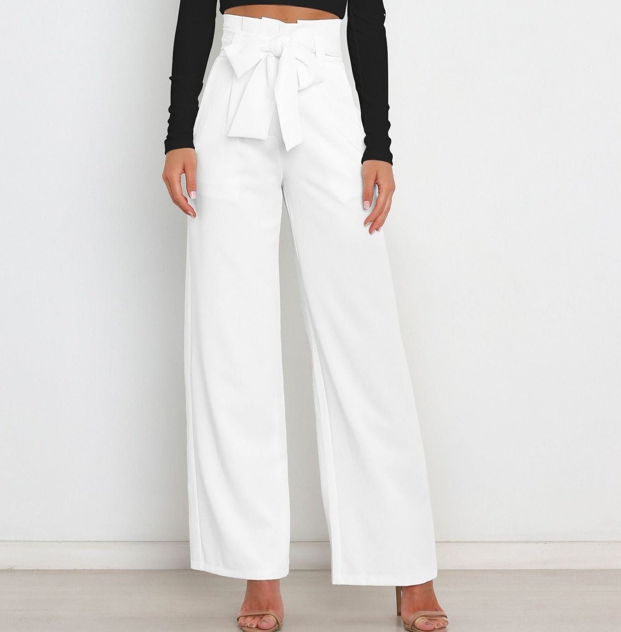Elanthe – Damen Weite Hose mit Hohem Bund & Bindegürtel-Weiß-S-HauteBerlin