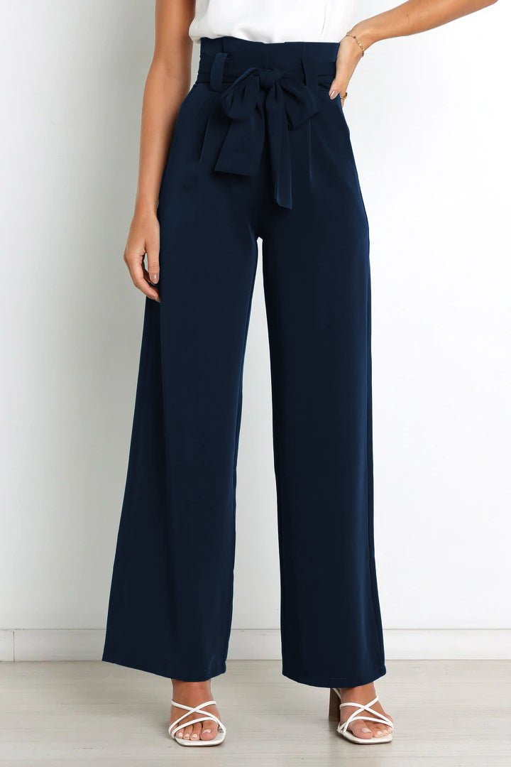 Elanthe – Damen Weite Hose mit Hohem Bund & Bindegürtel im Eleganten Schnitt-Marineblau-S-HauteBerlin