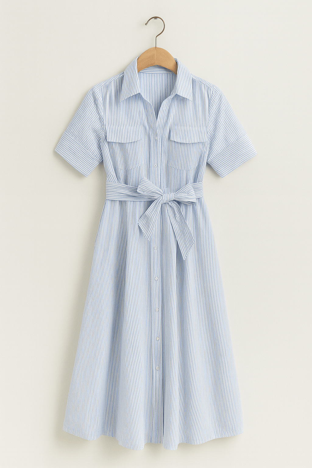 Hemdblusenkleid - Kurze Ärmel - Taille binden - Button-Up Kleid - Midi Kleid