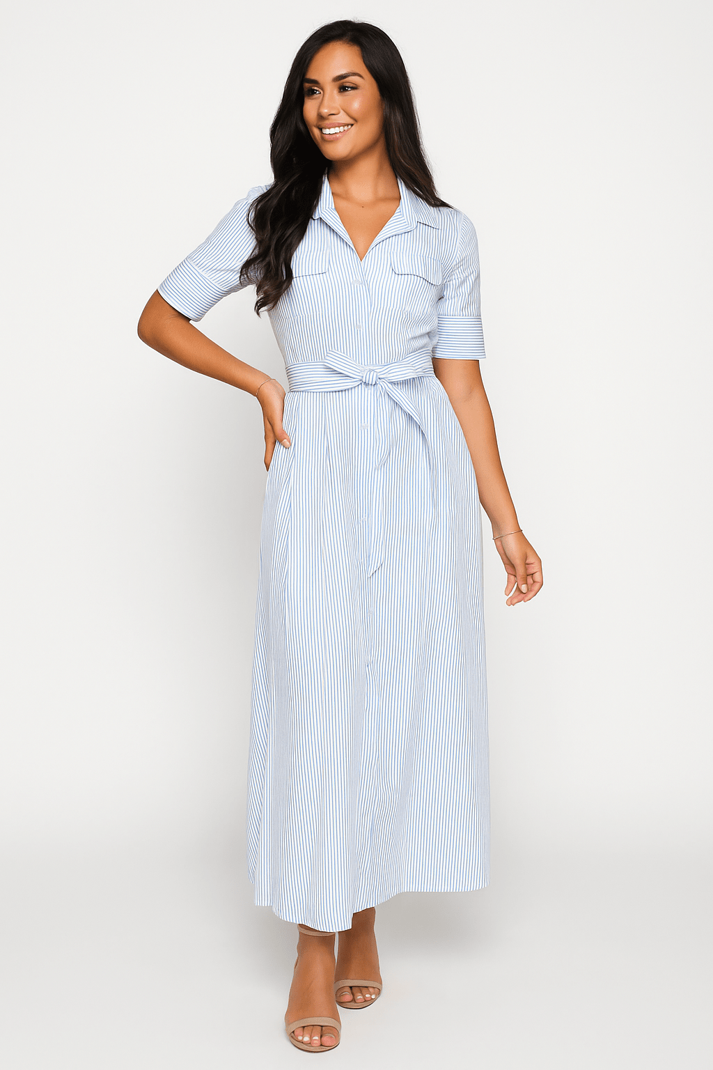 Hemdblusenkleid - Kurze Ärmel - Taille binden - Button-Up Kleid - Midi Kleid