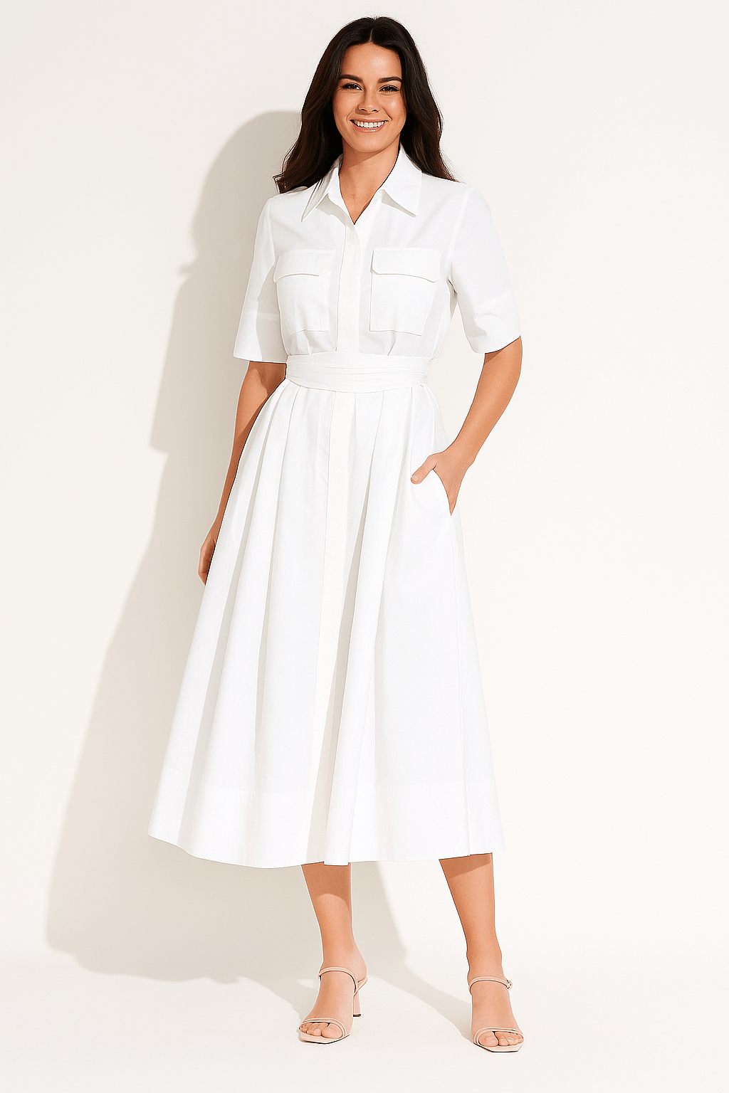 Hemdblusenkleid - Kurze Ärmel - Taille binden - Button-Up Kleid - Midi Kleid